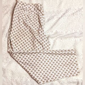 Talbots Women's Fleur De Lis Art Deco Pants White Brown Size 14 Cotton Spandex